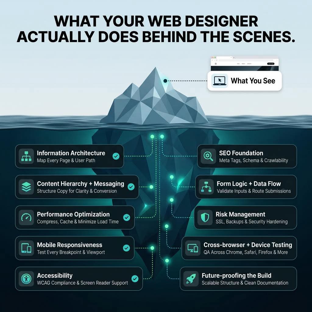 Iceberg infographic titled What Your Web Designer Actually Does Behind the Scenes. The visible tip is labeled What You See. Below the waterline are information architecture, content hierarchy and messaging, performance optimization, mobile responsiveness, accessibility, SEO foundation, form logic and data flow, risk management, cross-browser and device testing, and future-proofing the build.